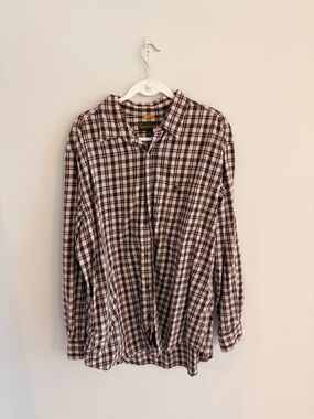 Timberland White and Brown Plaid Long-Sleeve Button-Down Shirt
